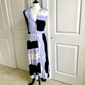 Nic + Zoe Blue and Black Button Down Sleeveless Midi Dress with Belt Size Large